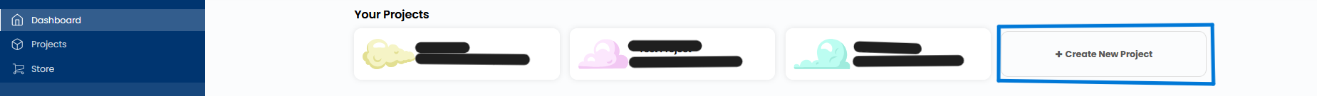 Dashboard showing the Your Projects section with the + Create New Project card highlighted