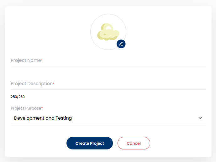 Create Project form with Project Name, Project Description, Project Purpose fields and the Create Project button