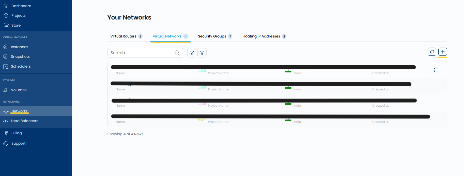Your Networks page with the Virtual Networks tab selected and the + button highlighted in the top-right corner