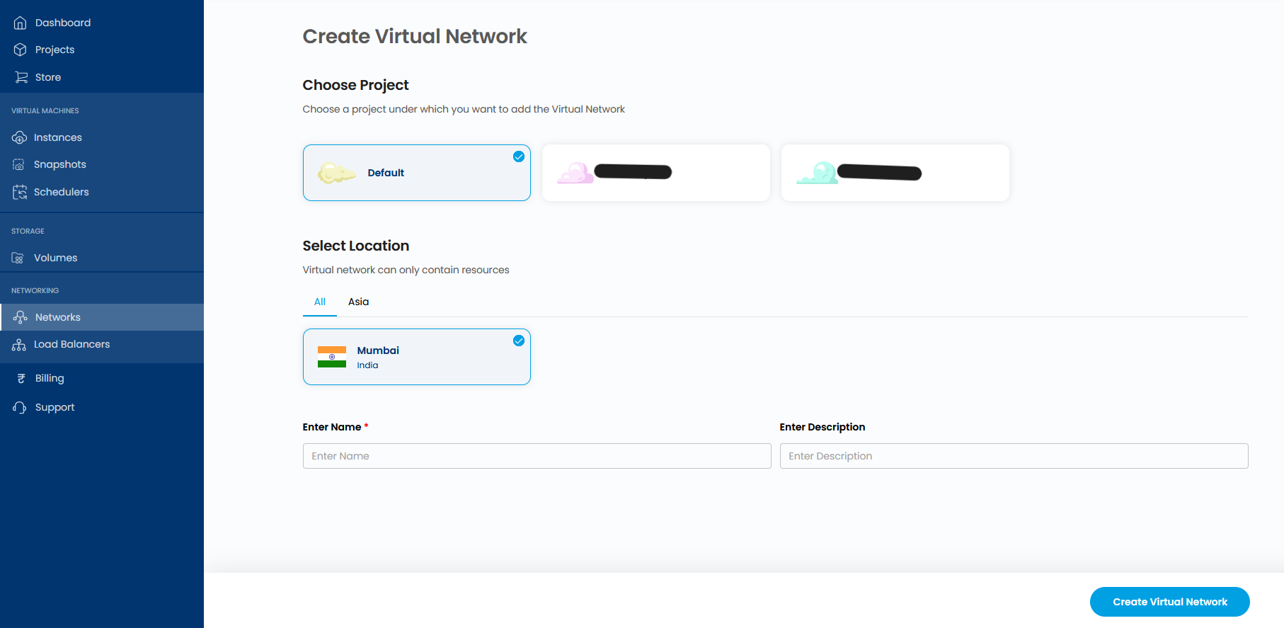 Create Virtual Network form showing project selection, location selection (Mumbai, India), and the name and description fields