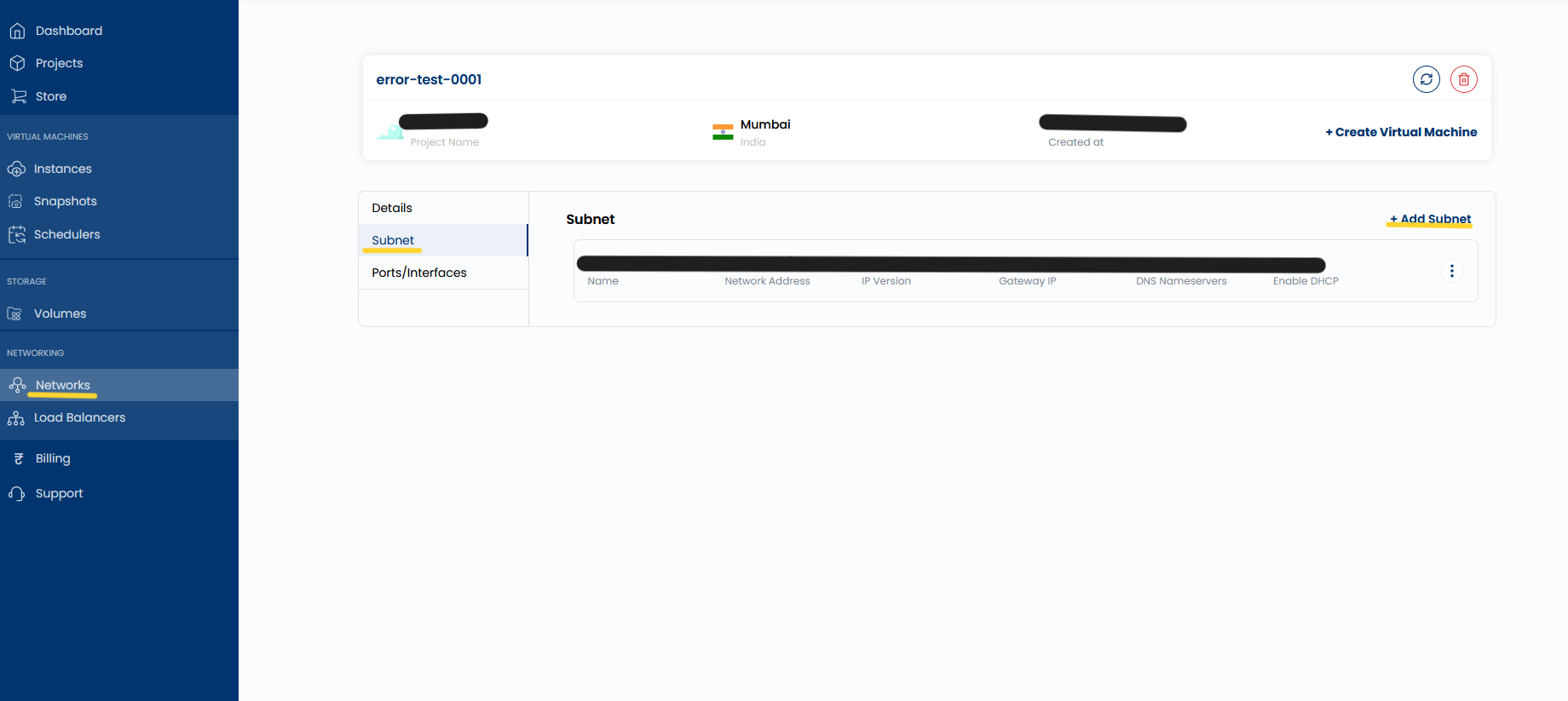 Network detail page with the Subnet tab selected and the + Add Subnet link highlighted
