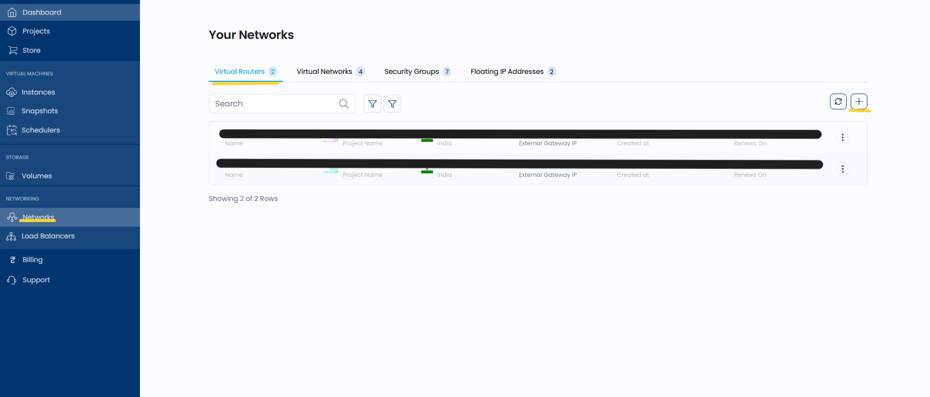 Your Networks page with the Virtual Routers tab selected and the + button highlighted in the top-right corner