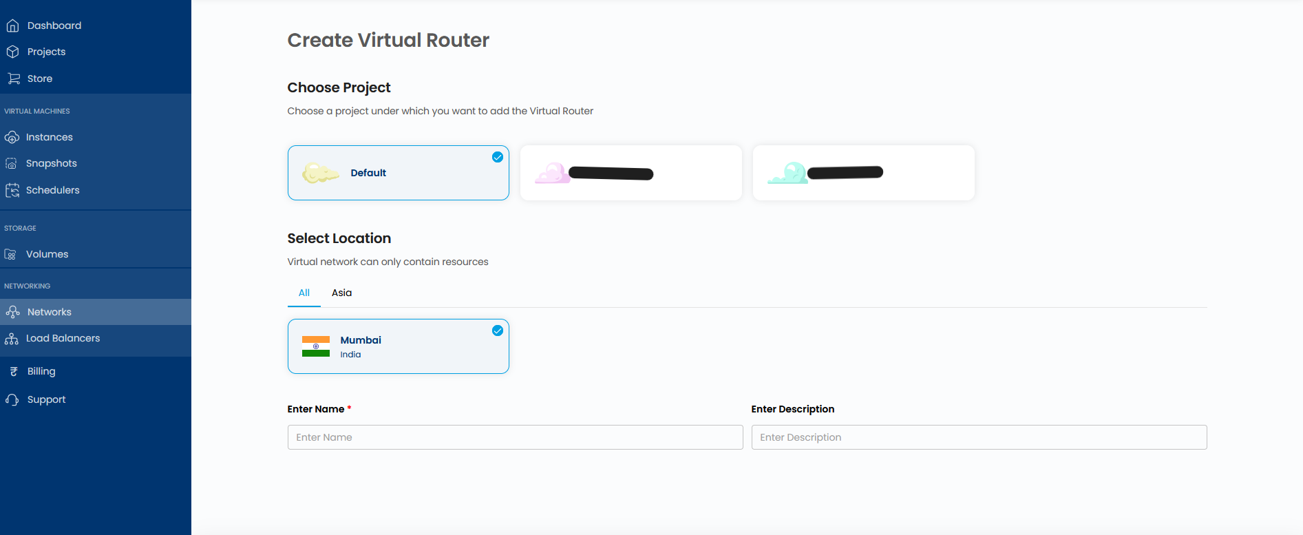 Create Virtual Router form showing project selection, location selection (Mumbai, India), and the name and description fields