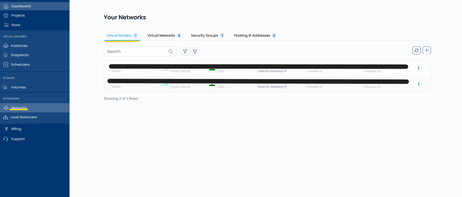 Virtual Routers list showing existing routers with Name, Project Name, Location, External Gateway IP, Created at, and Renews On columns