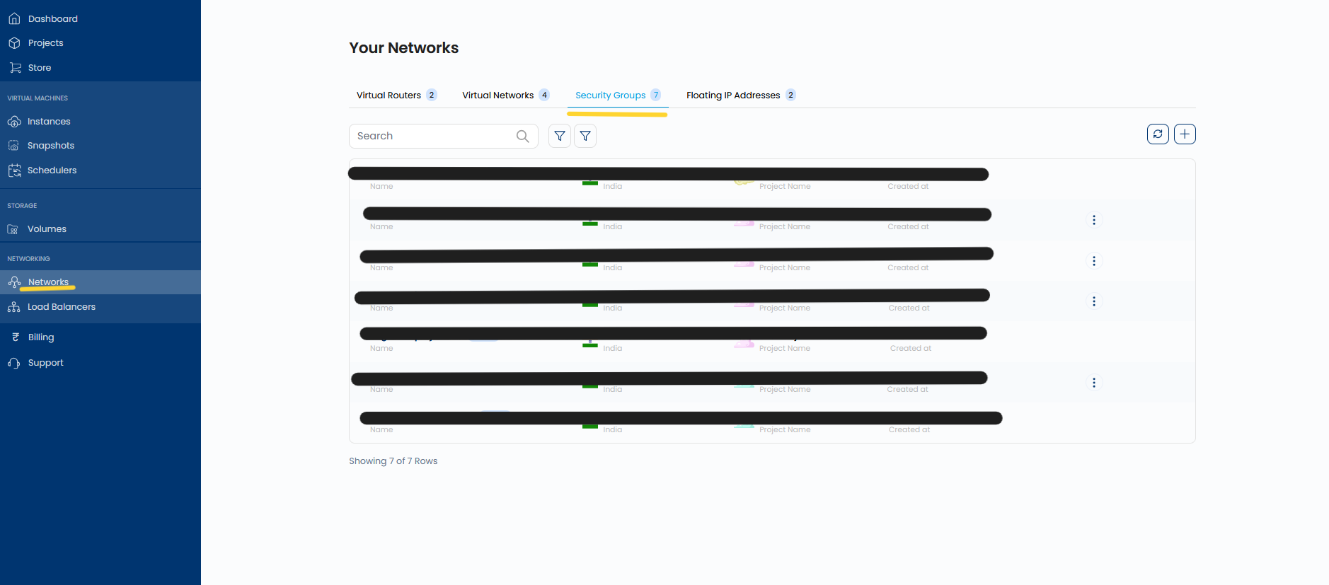 Your Networks page with the Security Groups tab selected showing a list of existing security groups