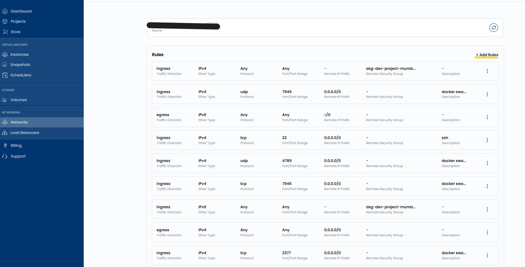 Security Group detail page showing the Rules section with existing rules listed and the + Add Rules button highlighted