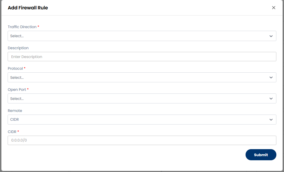 Add Firewall Rule modal with Traffic Direction, Description, Protocol, Open Port, Remote (set to CIDR), and CIDR fields