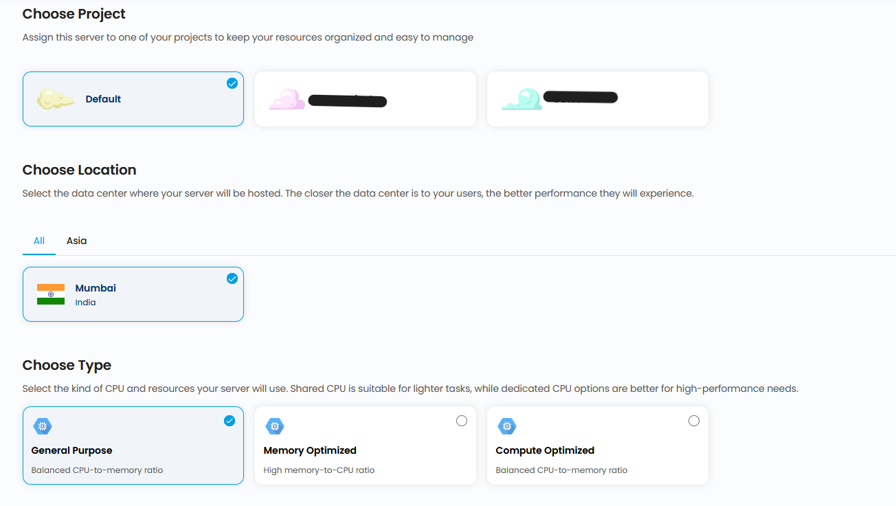 Instance creation wizard showing Choose Project cards, Choose Location with Mumbai/India selected, and Choose Type with General Purpose, Memory Optimized, and Compute Optimized options