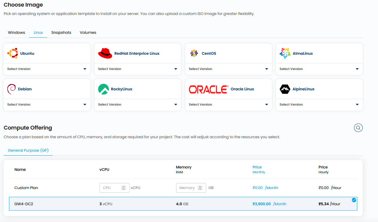 Choose Image section showing the Linux tab with available OS distributions and version dropdowns, followed by the Compute Offering table with plan options