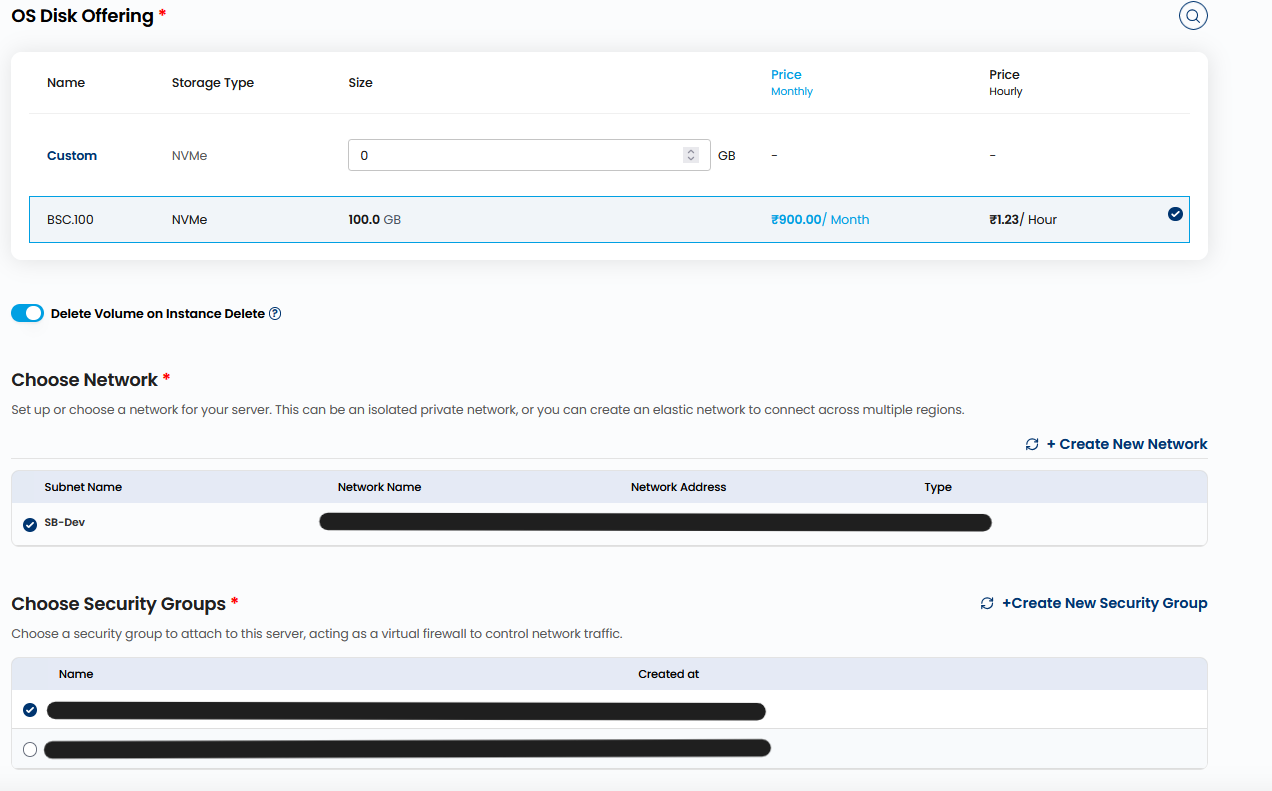 OS Disk Offering table, Delete Volume on Instance Delete toggle, Choose Network section with subnet listed, and Choose Security Groups section with a security group selected