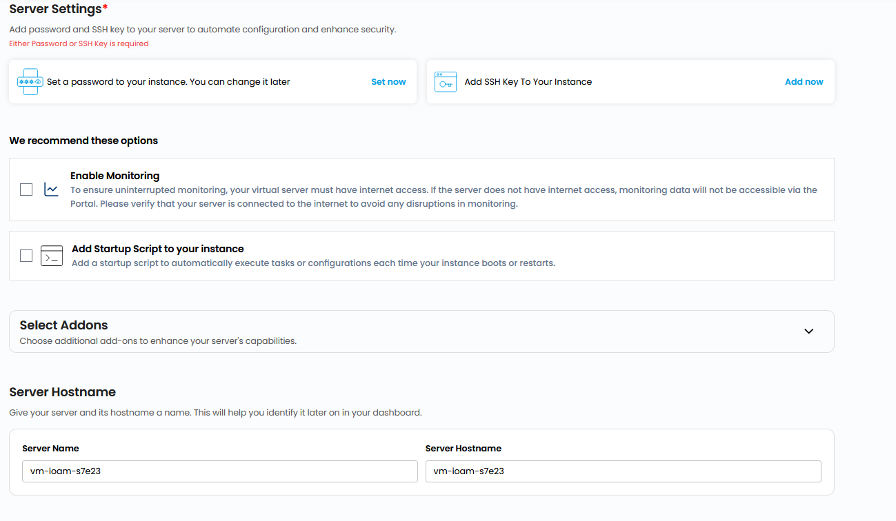 Server Settings section showing password and SSH key options, Enable Monitoring and Add Startup Script checkboxes, Select Addons section, and Server Hostname fields