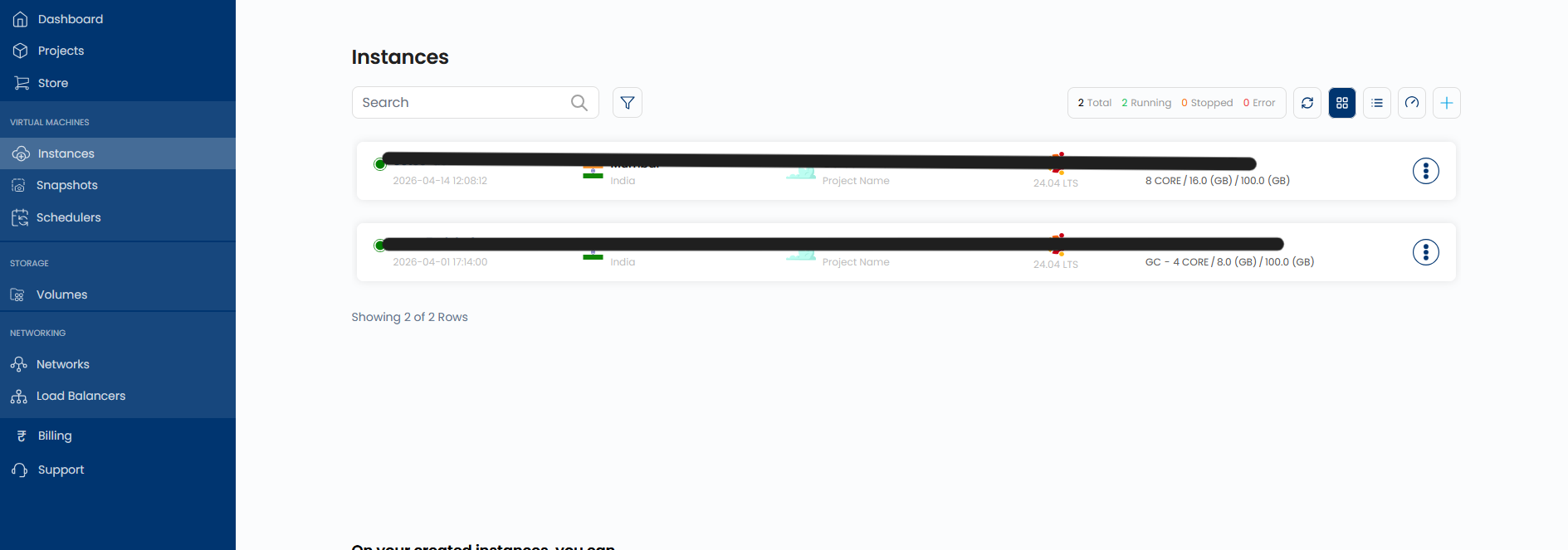 Instances list page showing existing running instances