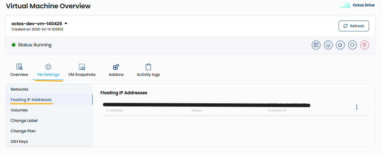 Virtual Machine Overview page with the VM Settings tab selected, Floating IP Addresses sub-menu item highlighted, and the Floating IP Addresses section showing an allocated IP address with Status and Created at columns
